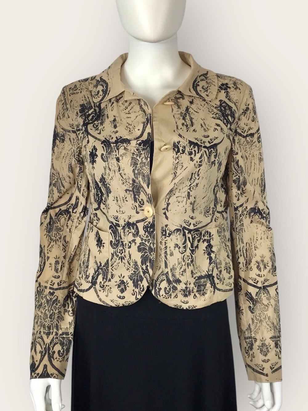 Mui Mui Beige & Black Floral Printed 100% Cotton Lightweight Blazer Jacket